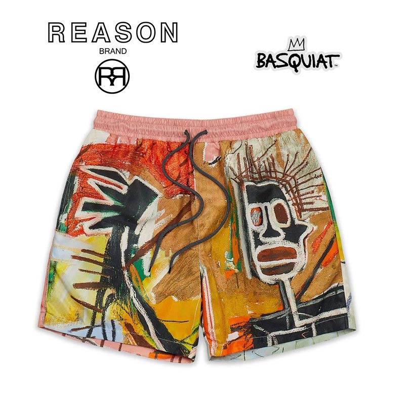 REASON/リーゾン/BASQUIAT バスキア コラボ AOP SHORTS/総柄プリント/ショートパンツ/ポリエステル素材/裏メッシュ/B系/ストリート/ダンス衣装/チーム/カジュアル/アメカジ/インポート/M/L/XL/2XL/3XL/大きいサイズ/ビッグサイズ