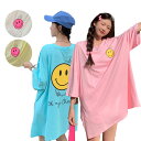 【レディース】【1000円ポッキリ】大きいサイズ 韓国ファッション 綿ジャージ ニコニコマークプリント Tシャツ 両面プリント ブルー イエロー ホワイト ピンク ロゴプリント 半袖クルーネック LL-4L ゆったり ミリーズ millys レディース