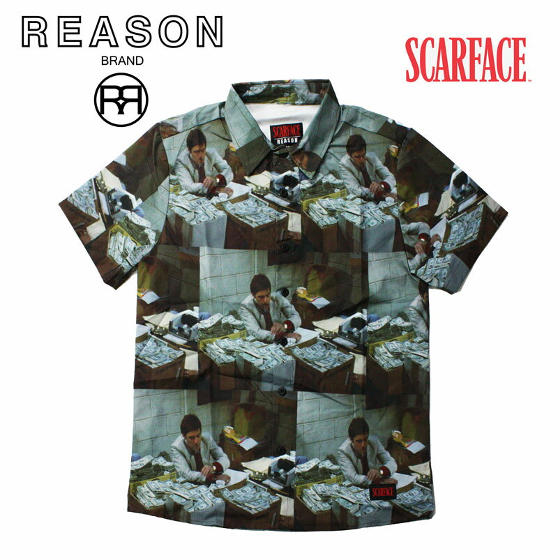 REASON リーズン SCAFACE スカフェイス コラボ MONEY SHIRT/ポリエステル/ フロントボタンアップ/B系/ストリート/ダンス衣装/チーム/カジュアル/アメカジ/インポート/M L XL 2XL 3XL/大きいサイズ/ビッグサイズ