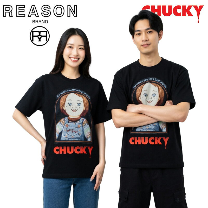 【スーパーSALE半額】REASON/リーゾン CHUCKY/チャッキー コラボ CHUCKY TAPESTRY TEE ジャガード織柄貼付け 刺繍 半袖Tシャツ コットン素材 人気ホラー映画 /B系/ストリート/ダンス衣装/チーム/カジュアル/アメカジ/インポート/