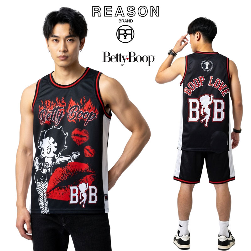 【SALE】REASON/リーゾン ベティーブープとのコラボ企画 BETTY BOOP BASKETBALL JERSEY TANKTOP 両面プリント入り スリーブレスTシャツ タンクトップ ポリメッシュ素材 プリント /B系/ストリート/ダンス衣装/チーム/カジュアル/アメカジ/インポート