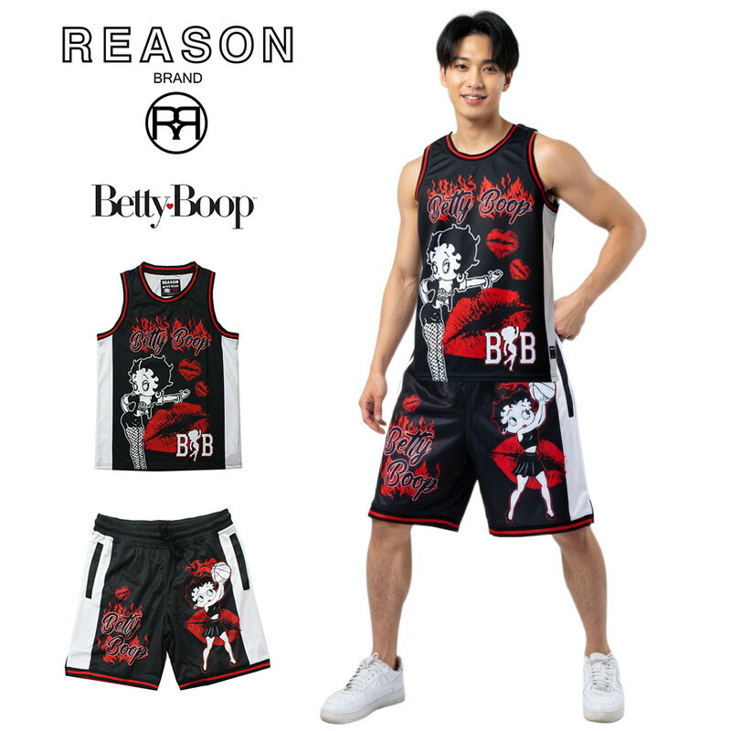 Jersey Pants - 【SALE】REASON リーズン BETTY BOOP ベティ・ブープ コラボ企画 MESH SHORTS ショートパンツ 刺繍アップリケ メッシュジャージ ポリエステル素材 /B系/ストリート/ダンス衣装/チーム/カジュアル/インポート