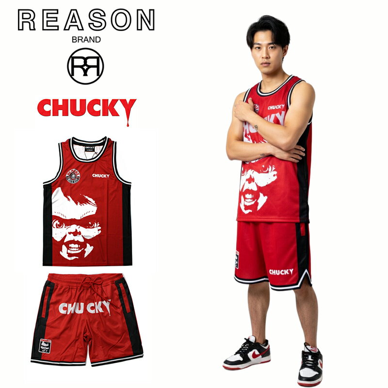 【SALE】REASON リーズン CHUCKY チャッキー コラボ企画 MESH SHORTS ショートパンツ 刺繍アップリケ メッシュジャージ ポリエステル素材 CHILD PLAY/B系/ストリート/ダンス衣装/チーム/カジュアル/インポート