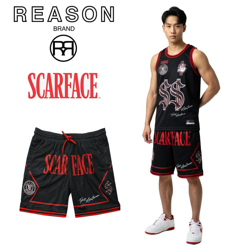 REASON リーズン SCARFACE スカフェイス コラボ企画 MESH SHORTS ショートパンツ 刺繍アップリケ メッシュジャージ ポリエステル素材 /B系/ストリート/ダンス衣装/チーム/カジュアル/インポート