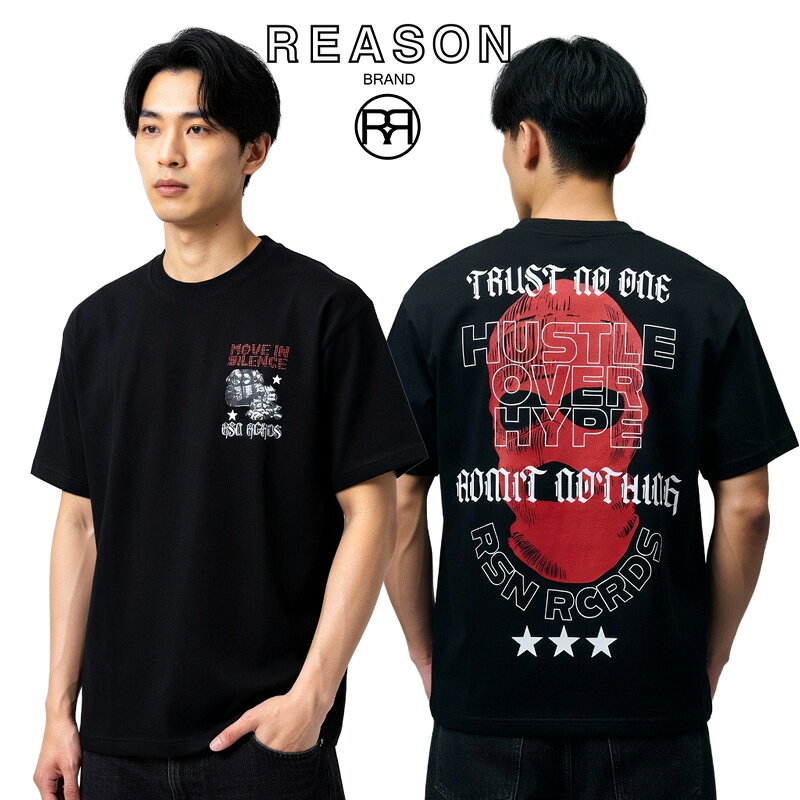 REASON/リーゾン HUSTLE OVER HYPE TEE フロントにプリント入り ウォッシュ加工 半袖Tシャツ コットン素材 プリント /B系/ストリート/ダンス衣装/チーム/カジュアル/アメカジ/インポート