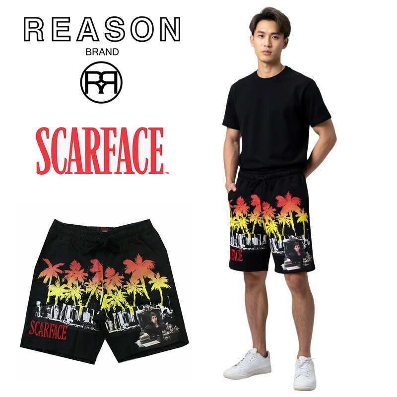Jersey Pants - 【SALE】REASON リーズン SCARFACE スカーフェイス コラボ企画 SCARFACE FLEECE SWEAT SHORTS ショートパンツ プリント スウェット ジャージ ポリエステル素材 アル・パチーノ ギャング/B系/ストリート/ダンス衣装/チーム/カジュアル/インポート/ビッグサイズ