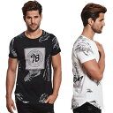 Tシャツ メンズ 半袖 全面ロゴ 白黒 クルーネック チュニック丈 父の日 プレゼント
