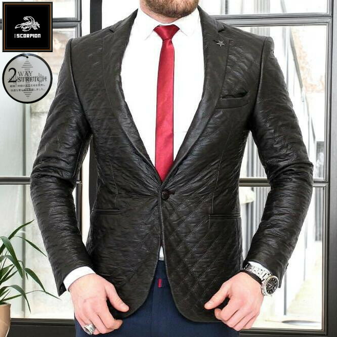 テーラードジャケット ブレザー メンズ ストレッチ 黒 中綿キルティング 一つボタン 細身 タイト シルエット　大きいサイズも入荷