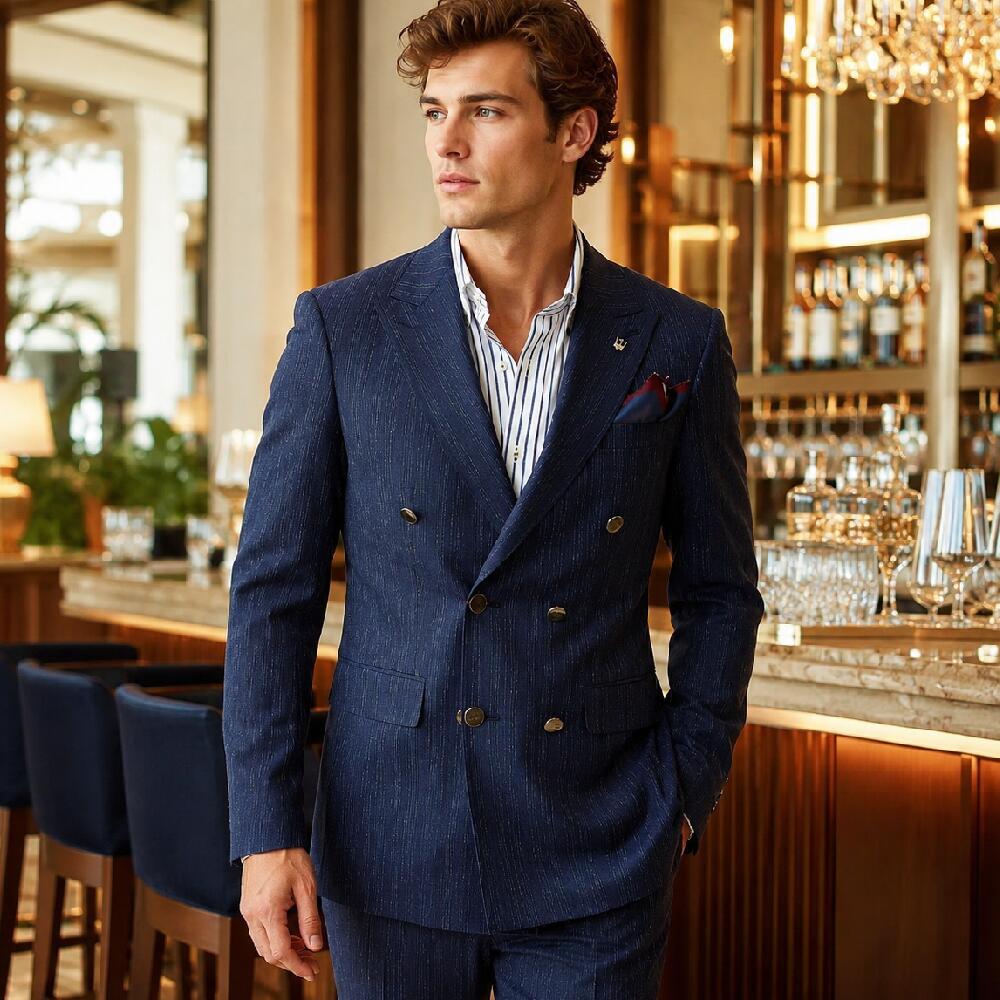 Tailored jacket, double-breasted blazer, navy blue with stripes, silver buttons, peaked lapels, side vents, business jacket, suitable for spring/autumn/winter.