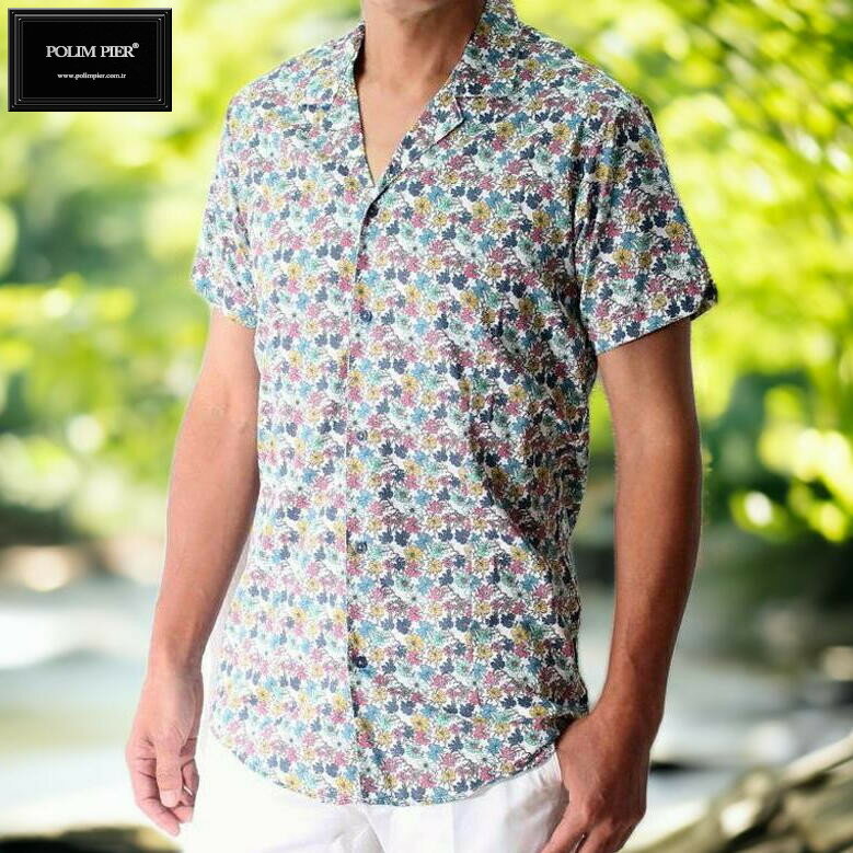 半袖シャツ 開襟シャツ 花柄 メンズ レトロ　柄シャツ 白 ベース XXXL 大きいサイズも入荷 メール便 可能