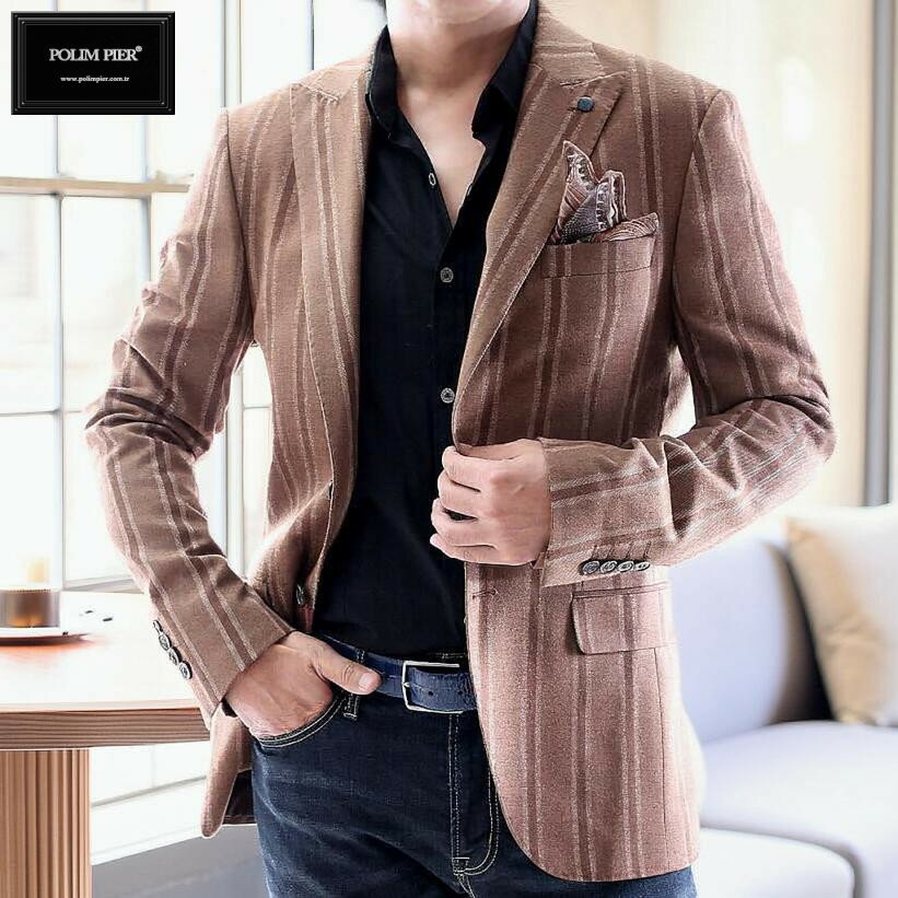 テーラードジャケット ストライプ 茶色 ブレザー メンズ タイト/スリムフィット ジャケパン 秋/冬/春 大きいサイズも入荷 ビジネスジャケット