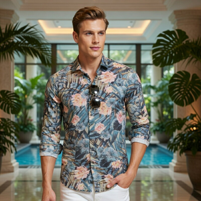 Rakuten - 柄シャツ 花柄シャツ 葉っぱ 長袖シャツ 薄手 メンズ インディゴ カジュアルシャツ XXL まで 大きいサイズ も入荷　春/夏/秋　父の日 プレゼント