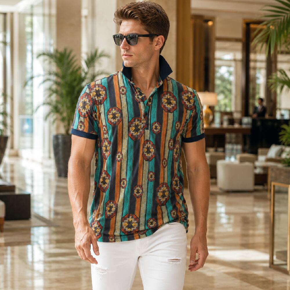 樂天商城 - ポロシャツ 半袖 ストライプ レトロ柄 70年代 メンズ S〜XXL 大きいサイズも入荷 タイト 細身　ベージュ/茶色