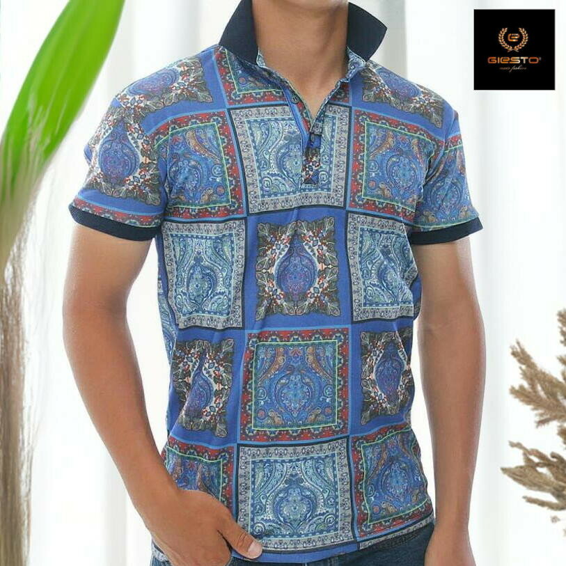 ポロシャツ 半袖 オリエンタル柄 メンズ タイト 細身 ブルー 青