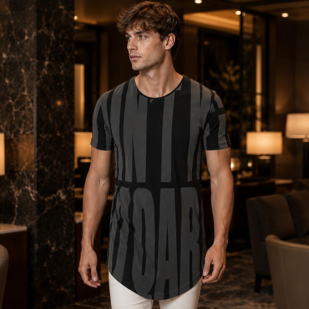 樂天商城 - Tシャツ メンズ 半袖 ロング丈 全面プリント 黒グレー　S~XL 大きいサイズも入荷 メール便 対応商品