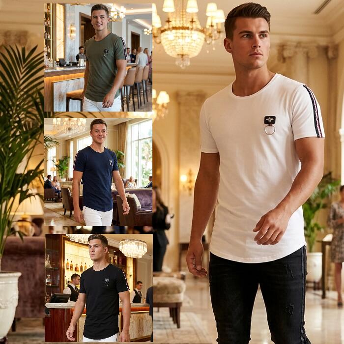 Rakuten - Tシャツ 半袖 袖ライン 胸リング メンズ S~XL 大きいサイズも入荷 白/黒/紺/カーキ　メール便 対応商品