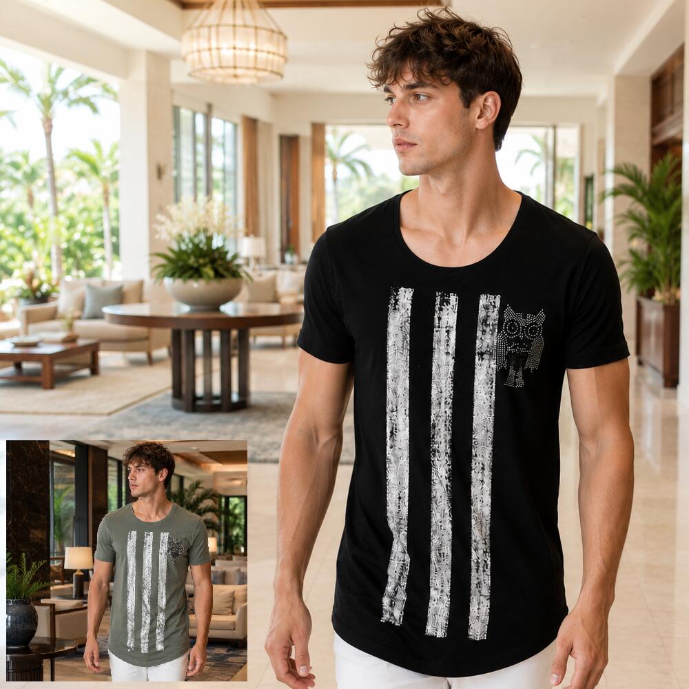 樂天商城 - Tシャツ メンズ 半袖 黒/紺/カーキ 銀箔プリント ふくろうスタッズ　S~XL 大きいサイズも入荷　メール便 対応商品