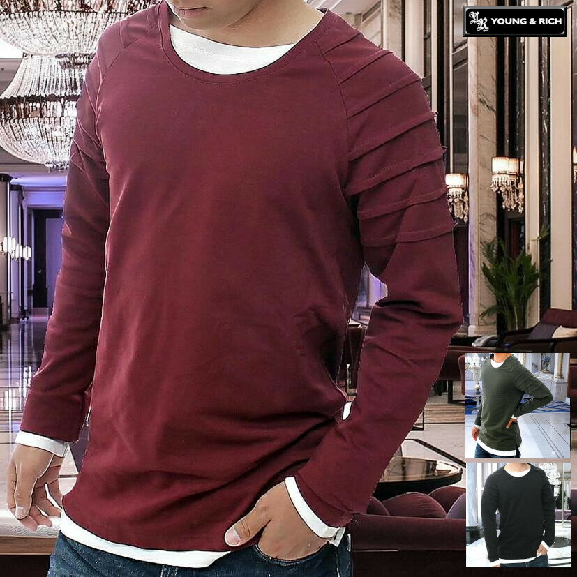 重ね着風カットソー長袖メンズ袖ボー...