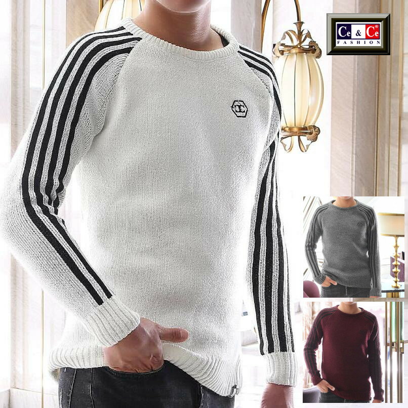Men's knit sweater, thick, heavy cotton, crew neck, black/gray, slim fit, with sleeve stripe detail, also available in larger sizes.