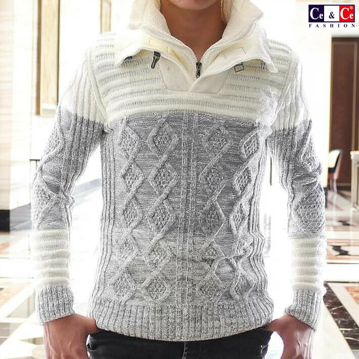 ハイネック モックネック 2枚襟 ローゲージ ニット セーター メンズ 白グレー ケーブル編み