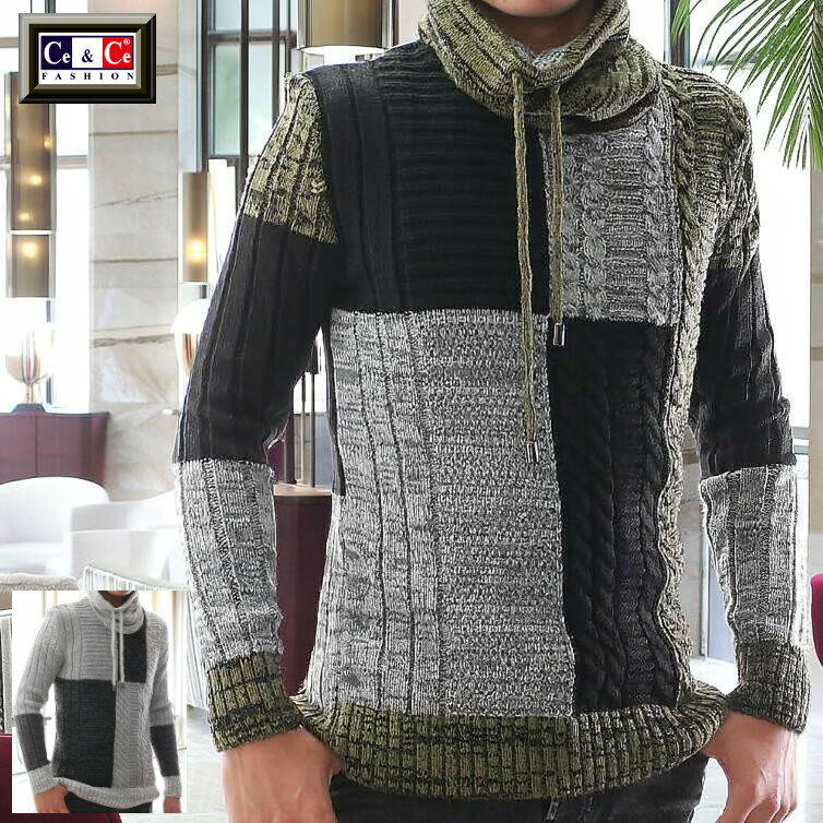 ハイネック タートルネック ニット セーター メンズ パッチワーク風デザイン 白グレー ケーブル編み ボ..