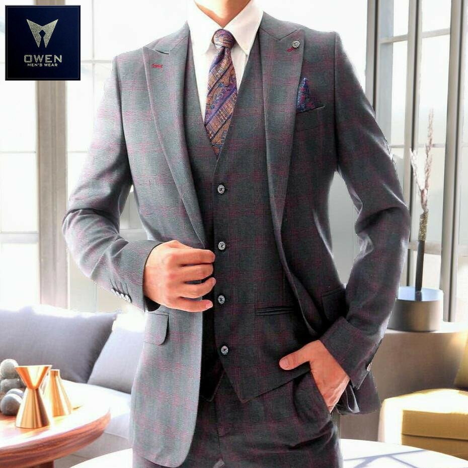 楽天BIN-1　LIMITEDテーラードジャケット セットアップ ブレザー ジレ グレンチェック メンズ グレー タイト/スリムフィット ジャケパン 春/秋/冬 大きいサイズも入荷 ビジネスジャケット