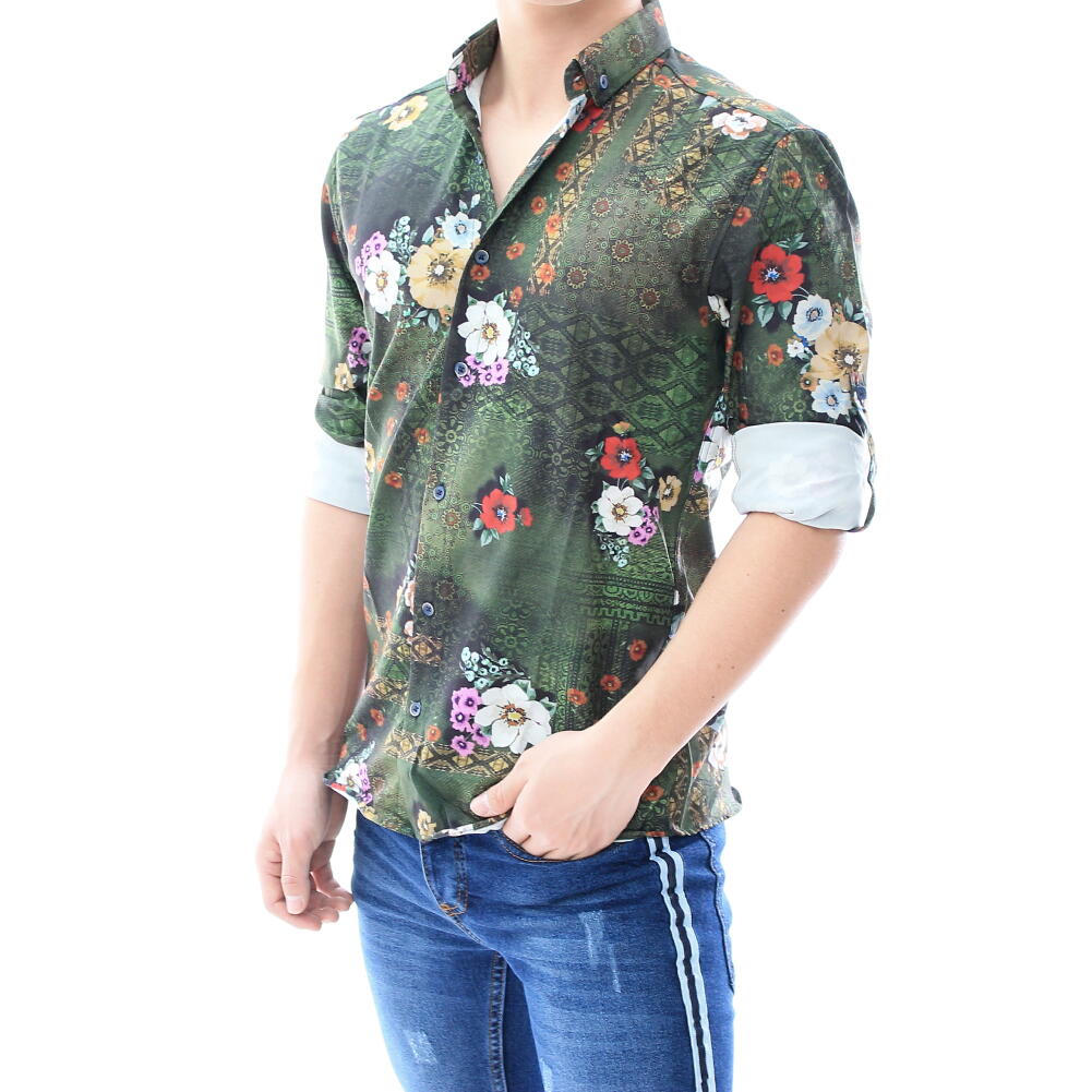 柄シャツ 花柄シャツ 長袖シャツ ストレッチ メンズ　緑 大きいサイズも入荷 タイ...