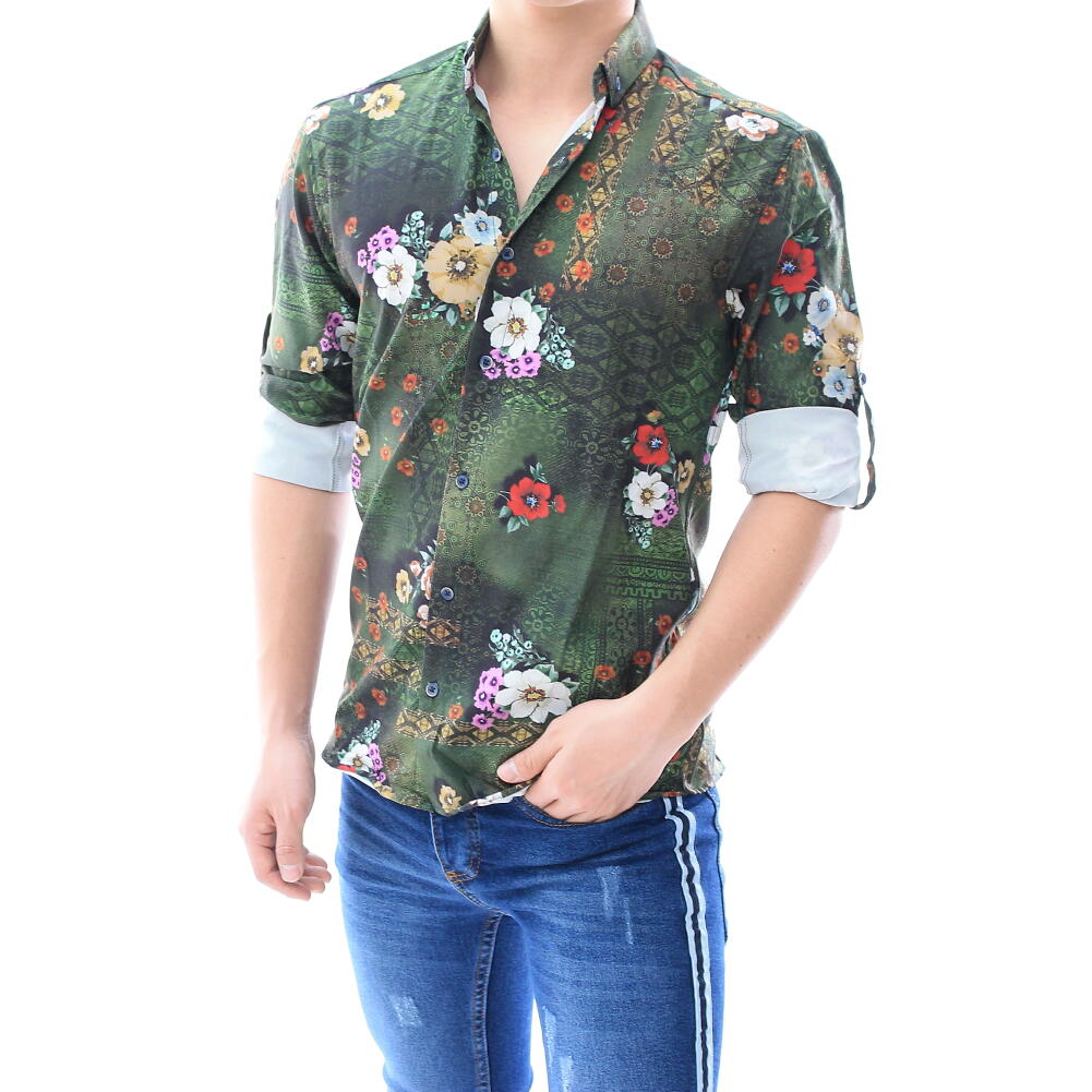 柄シャツ 花柄シャツ 長袖シャツ ストレッチ メンズ　緑 大きいサイズも入荷 タイ...