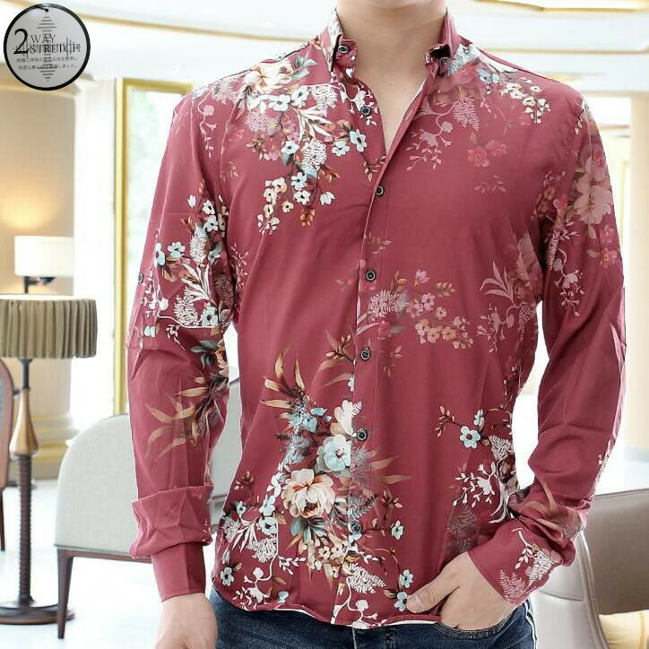 Rakuten - 柄シャツ 花柄　長袖シャツ　ストレッチ　メンズ　緑 エンジ　大きいサイズも入荷 タイト 細身