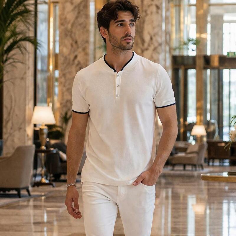 섬머 니트 반소매 니트 칼라 라인 맨즈 감색/흰색 헨리 넥 원목 크루 넥 XXXL 큰 사이즈도 입하