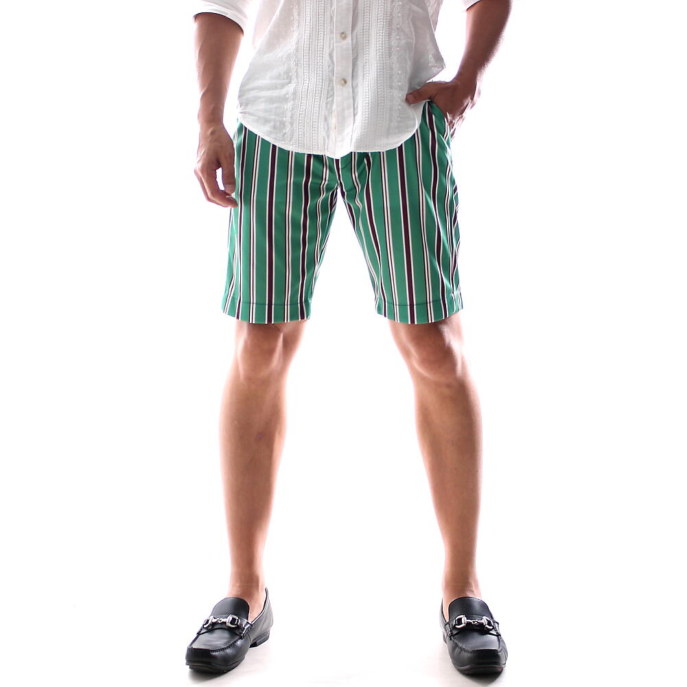 ハーフパンツ ショートパンツ ストライプ 膝上 スリム 緑/白/茶 30～36インチまで...