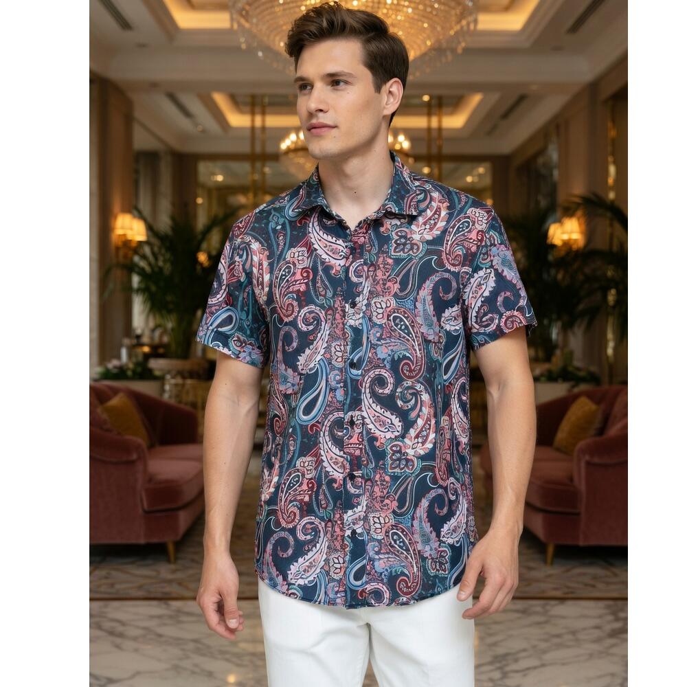 Rakuten - 半袖シャツ 柄シャツ ペイズリー柄 派手 多色 メンズ シャツ マルチカラー 赤/紺/緑/青 綿50％ 夏 海 川 大きいサイズも入荷 テロんとした素材 夏 メール便 可能