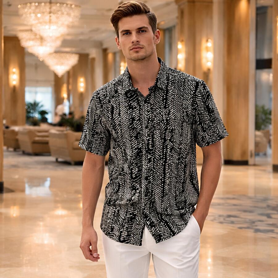 樂天商城 - 半袖柄シャツ 半袖シャツ 海 レトロ メンズ シャツ 綿/コットン100％ グレー/黒 大きいサイズも入荷 テロんとした素材 夏 メール便 可能 プレゼント 20代 30代 40代 50代 60 70代