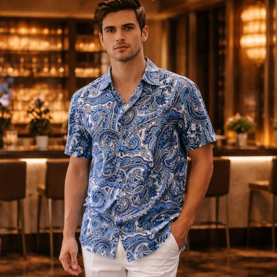 Rakuten - 半袖シャツ 柄シャツ ペイズリー柄 勾玉模様 派手 ビッグシルエット オーバーサイズ ルーズフィット 開襟シャツ 青/ライトブルー オープンカラー メンズ シャツ マルチカラー 夏 海 川 大きいサイズも入荷 テロんとした素材 夏 メール便 可能