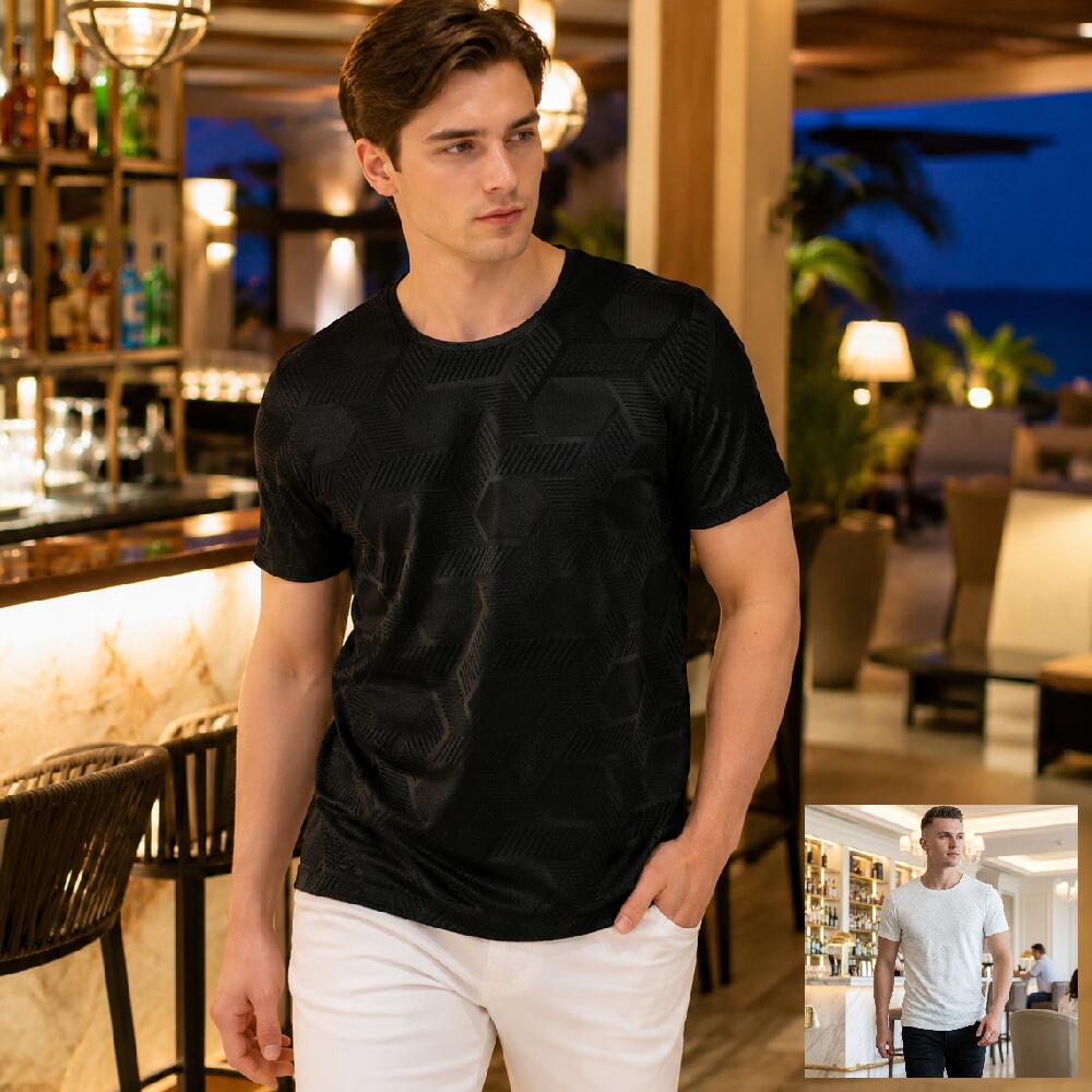 樂天商城 - カットソー 半袖 メンズ きれいめ Tシャツ ストレートシルエット 綿100％ 幾何学模様 幾何学柄 夏 白/黒 ストレッチ スポーティー素材 大きいサイズ も入荷 メール便可