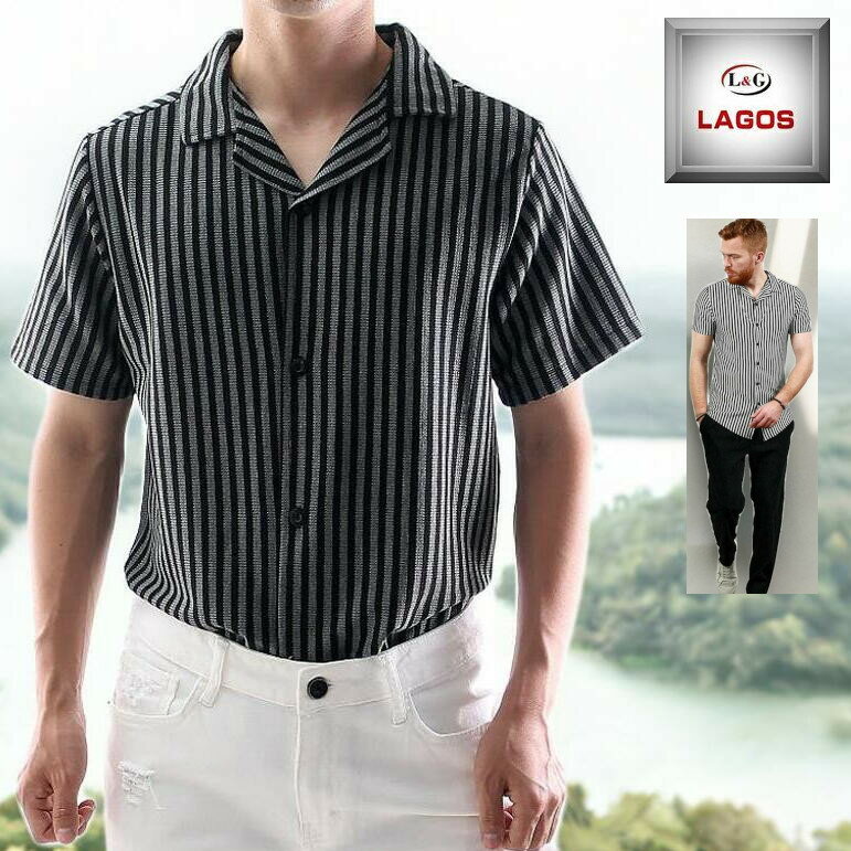 半袖シャツ 半袖 ストライプシャツ 開襟シャツ 開襟 オープンカラー メンズ シャツ バイカラー 綿/コットン70％ グレー 黒 白 リゾート ジャージー素材 ビーチ 防しわ しわになりにくい素材 ロング丈 大きいサイズも入荷 夏 メール便 可能 20代 30代 40代 50代 60 70代