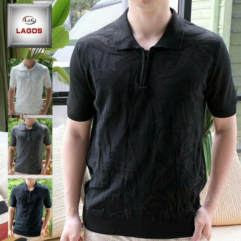 サマーニット サマーセーター メンズ ニット 春ニット 夏ニット ポロシャツ 半袖 細身 タイト ニットポロ 綿50％ 幾何学柄 夏 綺麗め ゴルフ ストレッチ ハーフジップ 大きいサイズ も入荷 メール便可