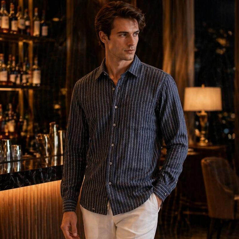 Chambray Shirts - ストライプシャツ 長袖シャツ 綿　コットンブレンド　メンズ 紺ベース ライトグレーストライプ青 秋/冬/春 ビジネス カジュアル
