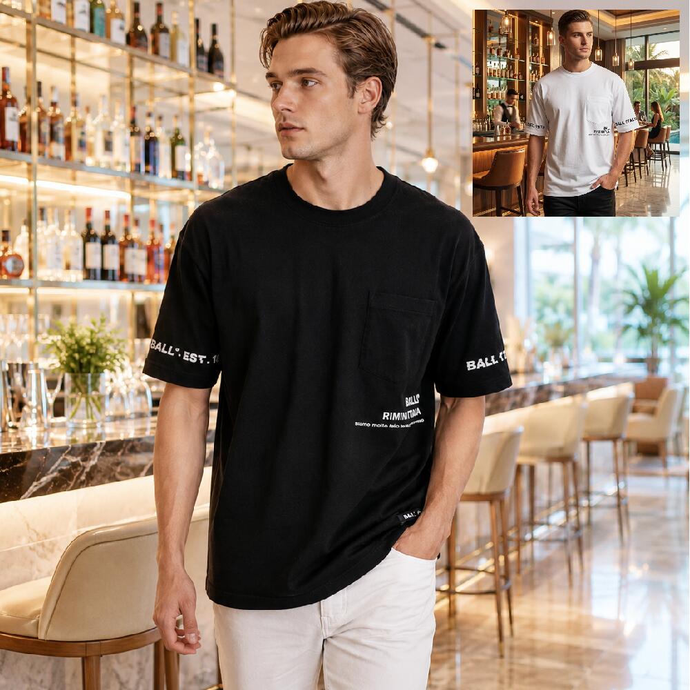 Rakuten - Tシャツ 半袖 カットソー メンズ ビッグシルエット ゆったり ルーズフィット クルーネック ワイドサイズ ポケット パッチポケット 胸ポケット アメカジ ストリート スポーツ スラブ 綿65％ 白/黒 メール便可 父の日 プレゼント