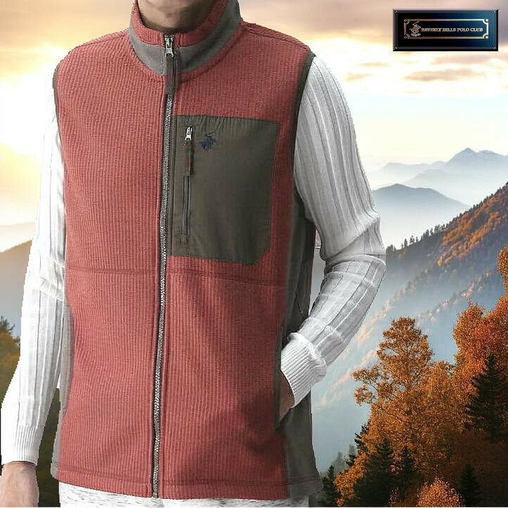 ビバリーヒルズポロクラブ フリース ベスト 前開き スタンドカラー メンズ レンガ/グレー ストレッチ