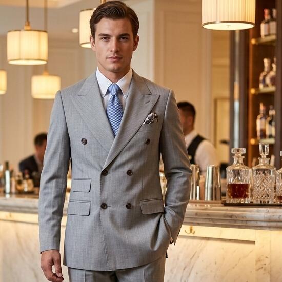 Men's double-breasted tailored blazer in light gray with a striped finish. Slim fit, suitable for spring, autumn, and winter. Wide lapels. Available in larger sizes. Business jacket with side vents and a change pocket.