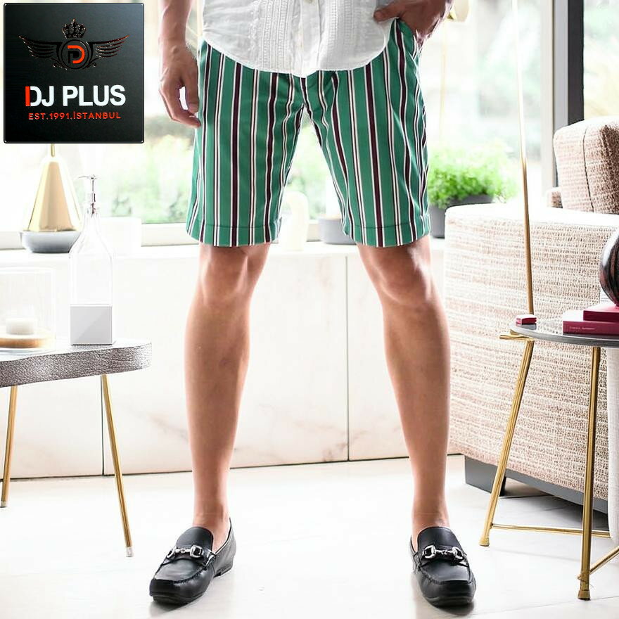 ハーフパンツ ショートパンツ ストライプ 膝上 スリム 緑/白/茶 30～36インチまで大きいサイズも入荷 夏 半ズボン