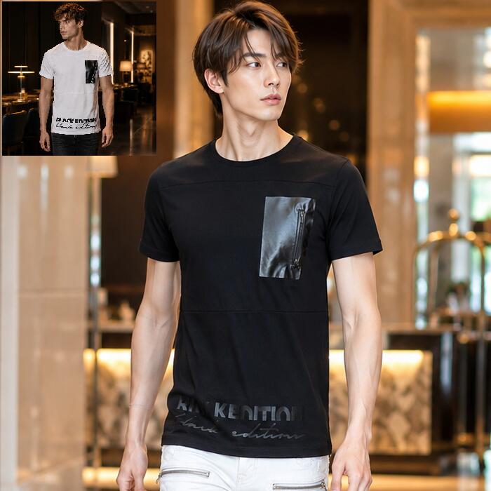 Rakuten - Tシャツ メンズ 半袖 クルーネック 丸首　裾ロゴプリント 黒/白 M/L/XL/XXL 大きいサイズも入荷　父の日 プレゼント　父の日　プレゼント