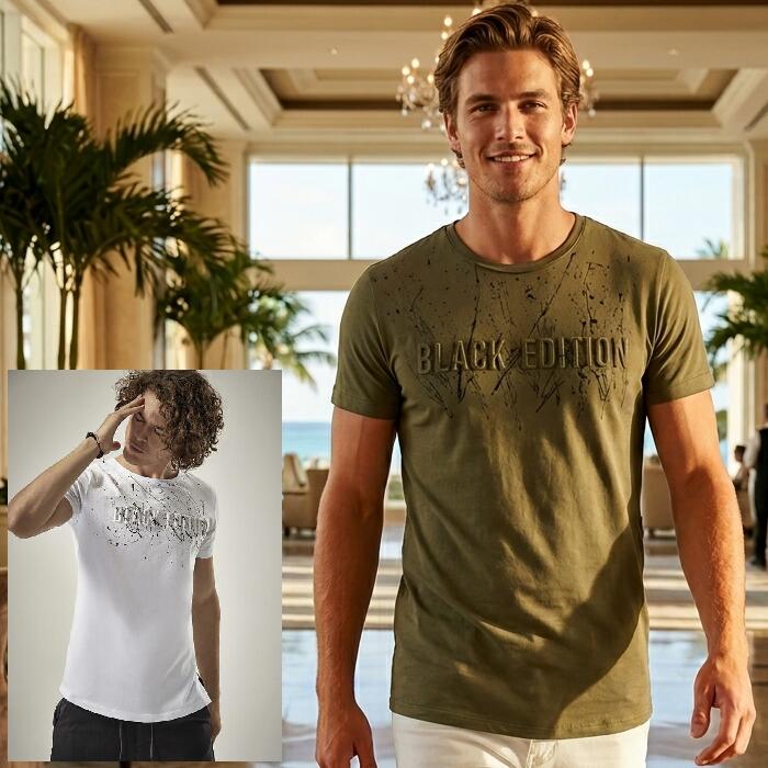 Rakuten - Tシャツ メンズ 半袖 立体ロゴ ペンキ散らしプリント クルーネック 丸首　白/カーキ　M/L/XL/XXL 大きいサイズも入荷　父の日 プレゼント　父の日　プレゼント