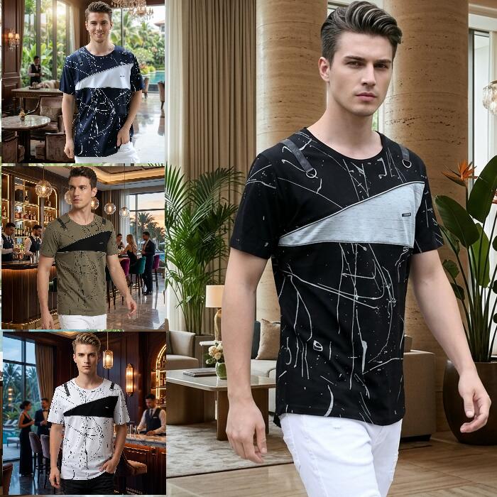 樂天商城 - Tシャツ メンズ 半袖 スパッタリング 黒/白/紺/カーキ ロゴ ストレッチコットン 派手 クルーネック　父の日　プレゼント