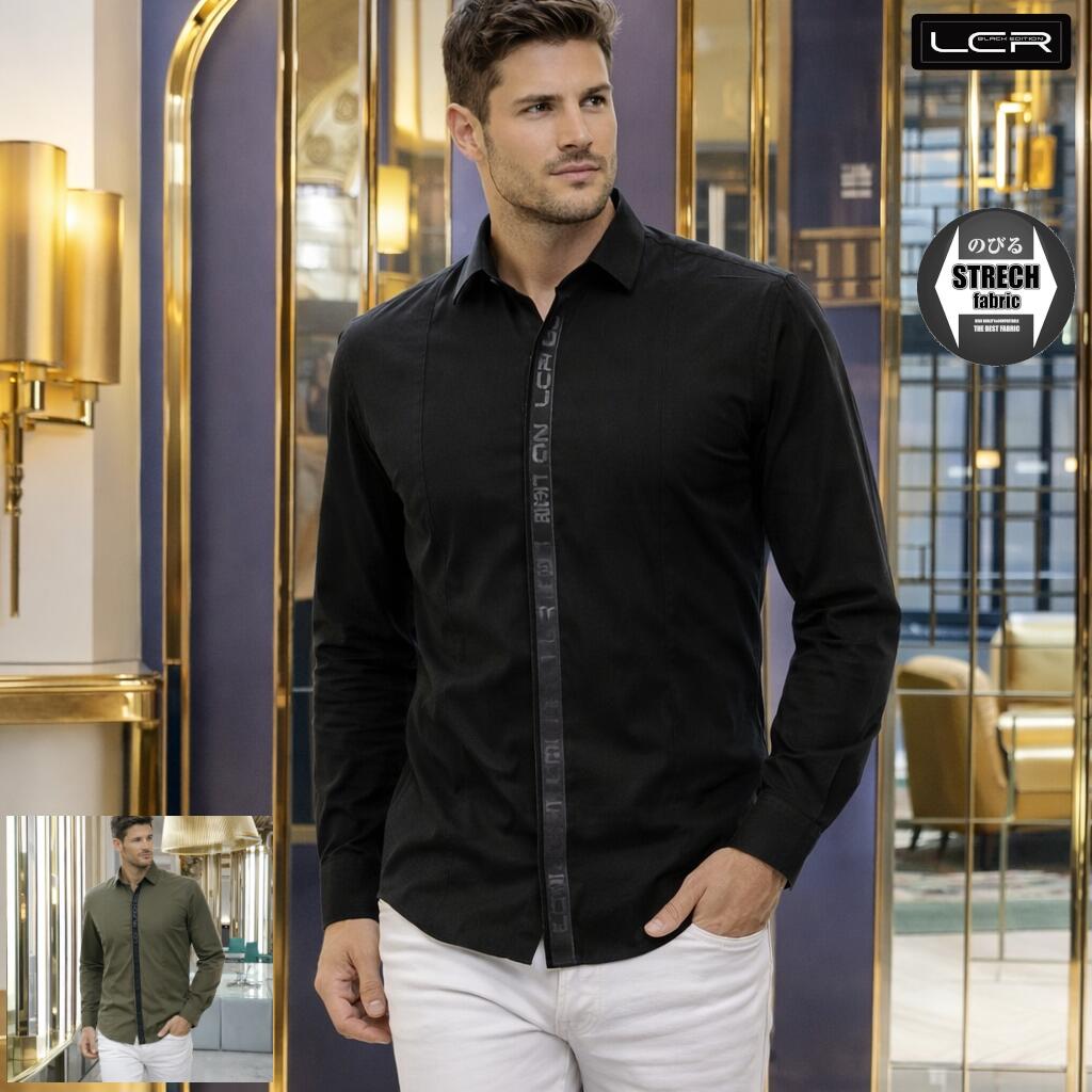 樂天商城 - 長袖シャツ カジュアルシャツ メンズ ロゴ ストレッチ 白/黒/カーキ M〜XXL　大きいサイズ も入荷　父の日 プレゼント