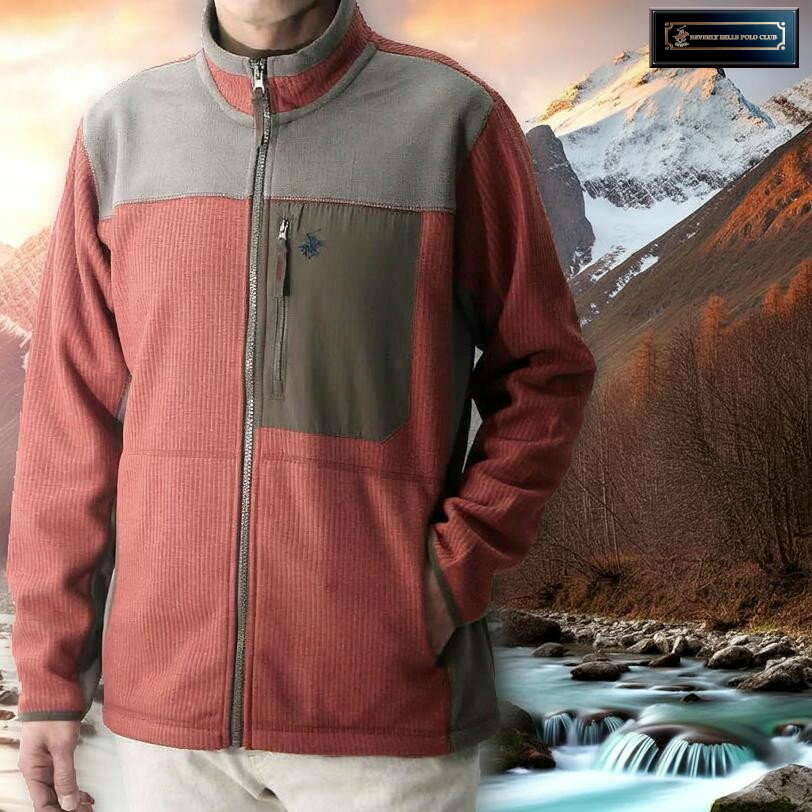 ビバリーヒルズポロクラブ フリースジャケット メンズ スタンドカラー レンガ/グレー ストレッチ