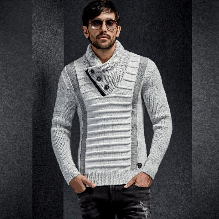 ハイネック ショールカラー ニット セーター メンズ 白黒 グレー M/L/XL/XXL ボタン付き ボーダー編み 大きい ゆったりサイズ