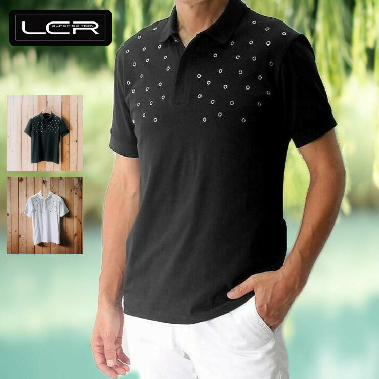 半袖　ポロシャツ ストレッチ メンズ 白/黒 スタッズ 父の日 プレゼント　大きいサイズも入荷　メール便可