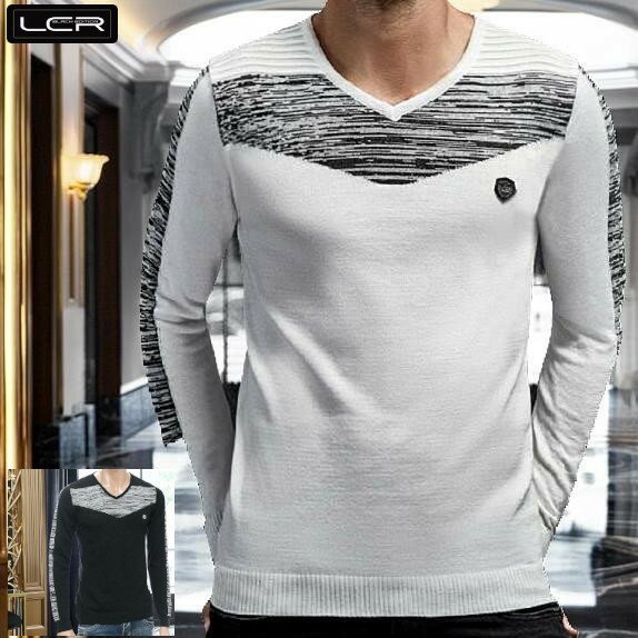 V-Neck - ニット Vネック セーター メンズ 肩ボーダー編み 薄地 薄手 白/黒 コットンニット 秋冬春